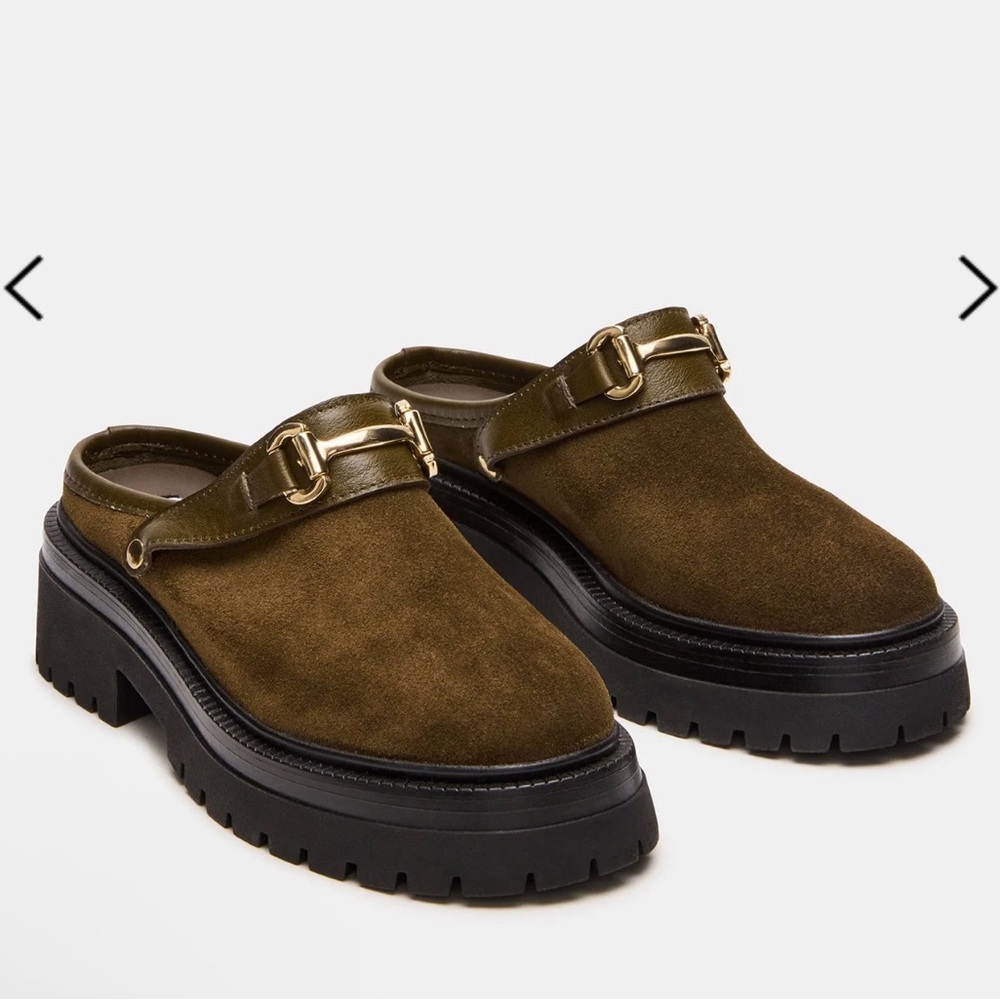 Steve Madden Olive Suede Mules with Gold Buckle